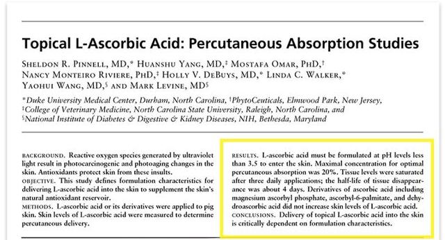 Topical L-Ascorbic Acid: Percutaneous Absorption Studies (Pinnell et al., 2001) — ข้อความบางส่วนจากเอกสาร